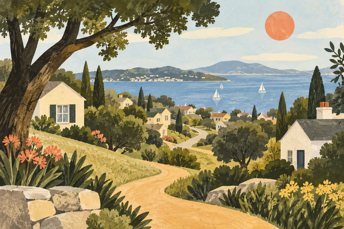 An illustrated winding path connecting homes and trees in a sunlit neighborhood